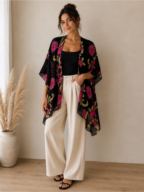 Woven Heart Tops - WOVEN HEART Velvet Burnout Black and pink floral Kimono Top Robe Boho